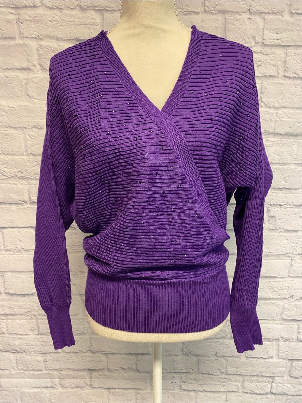 Questions Faux Wrap Ribbed V-Neck Rhinestone Sweater Size Small